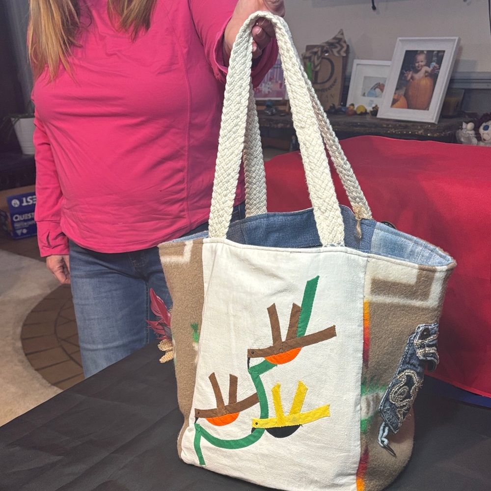 Artistic Embroidered Tote Bag with Cream Handles